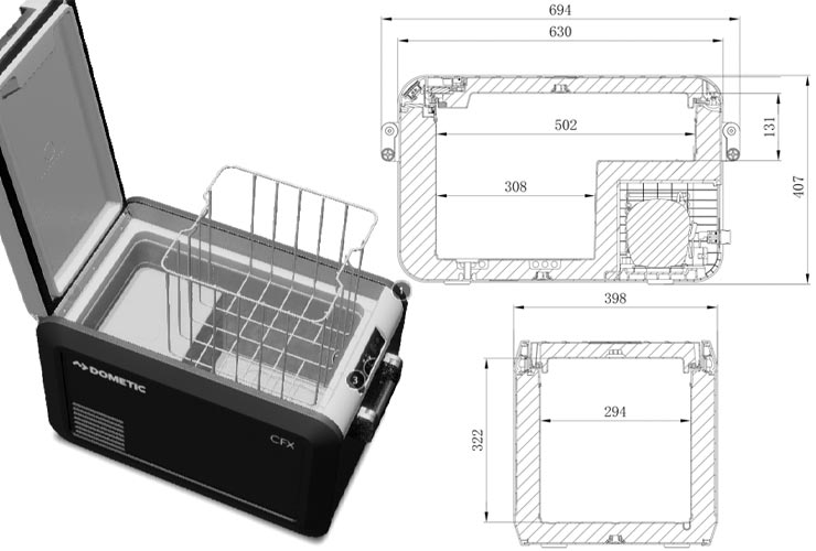 Automobilinio šaldytuvo CFX3 35 Dometic išmatavimai